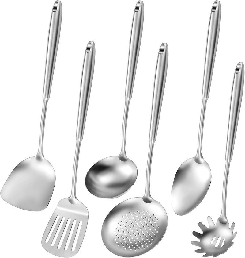 Lazycorner 304 Stainless Steel Cooking Utensils,6 Pcs Kitchen Cooking Utensils Set with Spatula, Solid Spoon, Ladle, Skimmer, Spaghetti Spoon,Dishwasher Safe - Image 1